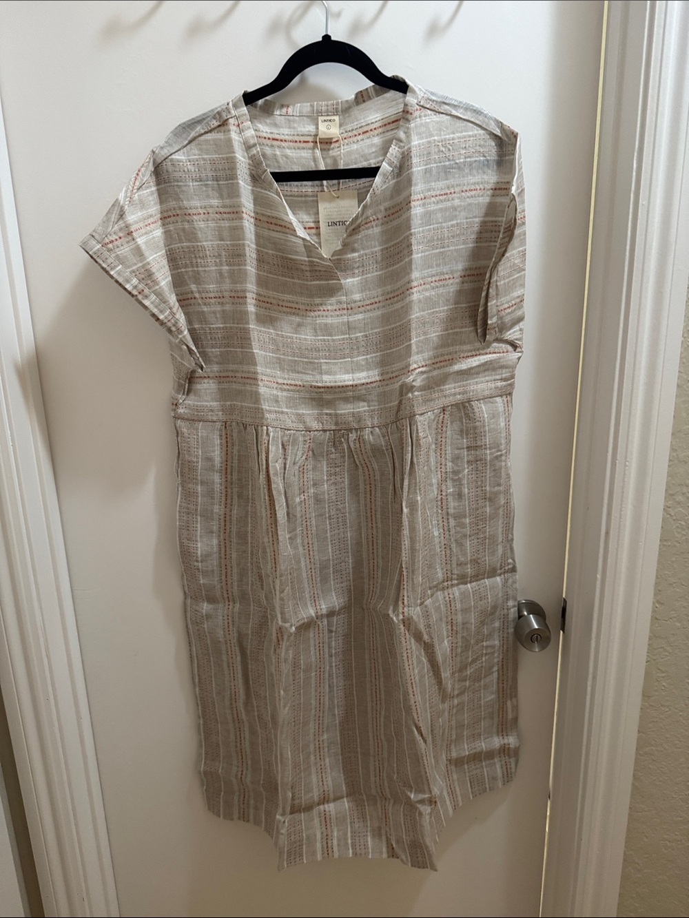 Linen-Blend Striped Midi Dress in Beige and Cream